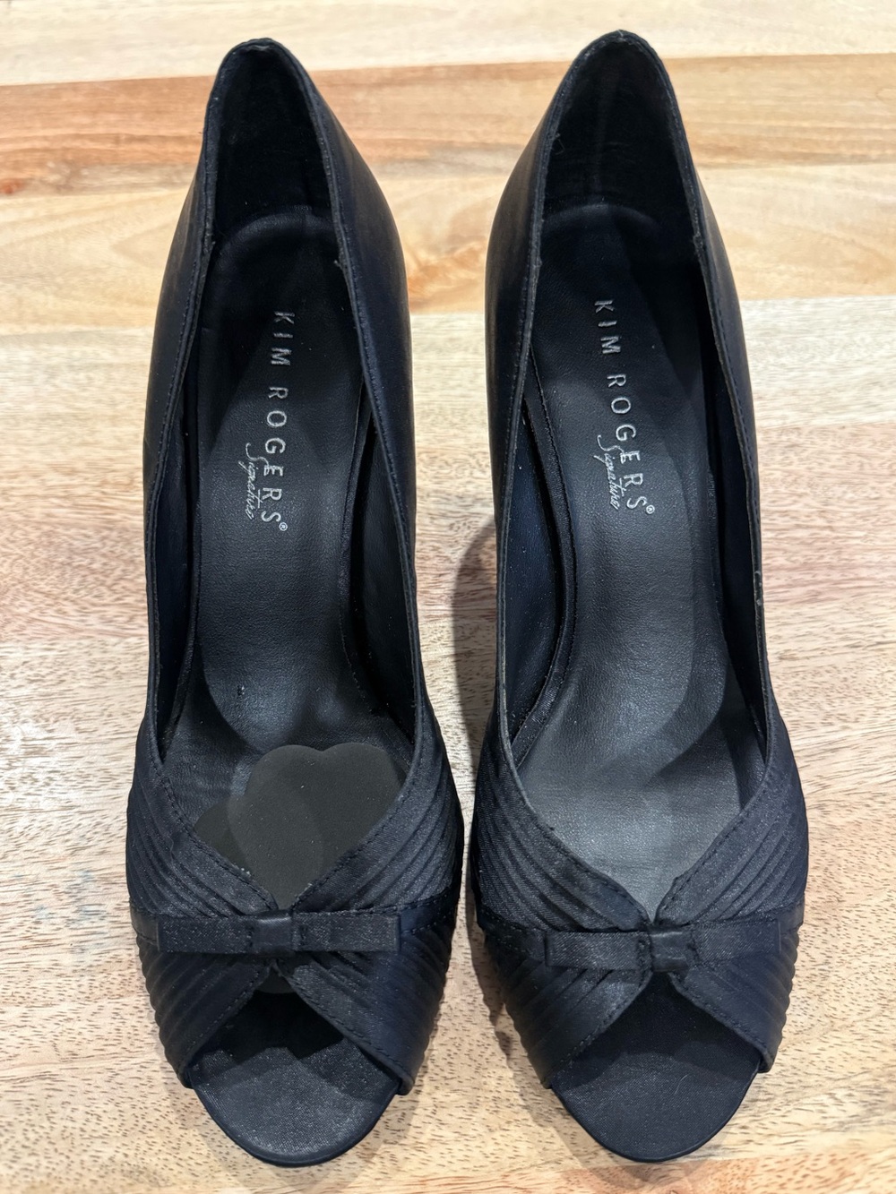 Kim Rogers Black Satin Peep-Toe Heels with Knotted Bow